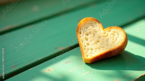 Heart-shaped slice of bread resting on a weathered teal wooden surface, bathed in sunlight