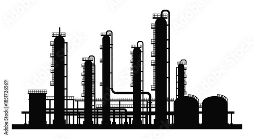 Industrial complex with multiple towers and pipes depicted as a striking silhouette