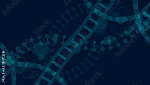 Abstract depiction of dna strands with hexagonal patterns on a dark blue gradient background design