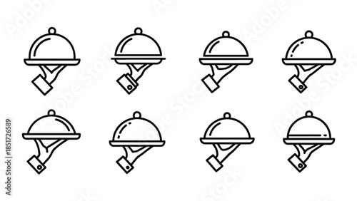 Set of simple black and white icons depicting a hand serving food under a cloche