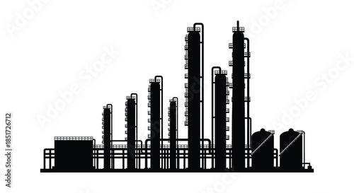 A striking black silhouette of an industrial complex with towering structures silhouette