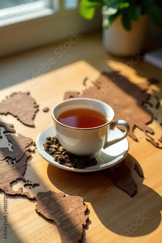 Aromatic Tea in a White Cup Rests on a Wooden World Map, Illuminated by Sunlight