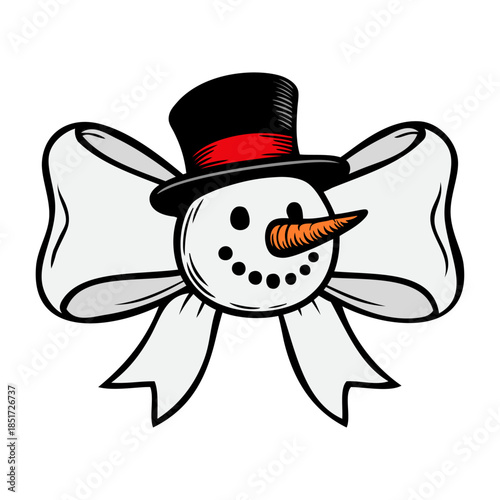 Dibujo sencillo con líneas de cabeza de cabeza de muñeco de nieve con sombrero y nariz de zanahoria con lazo de cinta de regalo para tarjetas y felicitaciones de Navidad