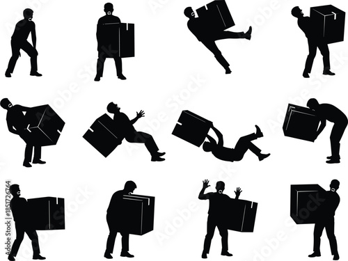 Collection of People Silhouettes Lifting, Carrying, and Struggling with Heavy Boxes and Large Packages, Vector Icons for Manual Labor, Delivery, Moving, and Workplace Safety