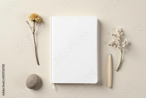 Blank Notebook Mockup with Natural Elements A Serene Composition Featuring Flowers, Stone, and Pen