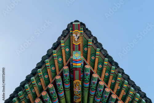 Close up detail of a buddhist temple roof in Seoul, South Korea