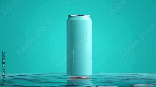 Refreshing beverage can with dynamic water splash against blue background