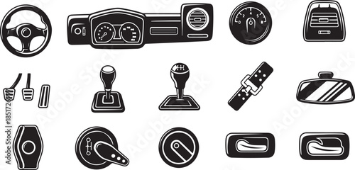 Black car dashboard and control icons set