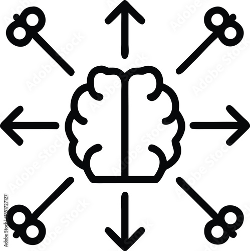 Brain with radiating keys and arrows icon mind thinking