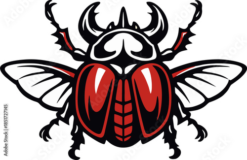 Stylized red and black beetle illustration with large horns, detailed wings, and bold patterns on a clean white background