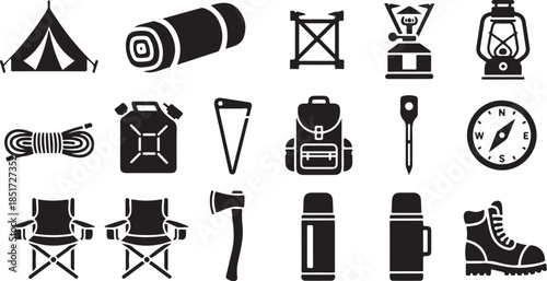 Camping gear and outdoor adventure icons set
