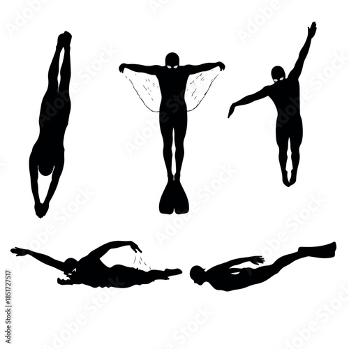 Silhouettes of divers and swimmers in various dynamic poses.