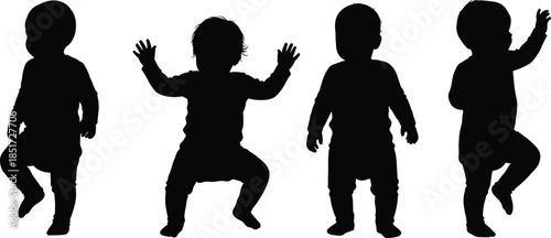 Baby silhouettes standing and moving, toddler activity concept, black infant figures isolated on white background, playful childhood illustration set collection