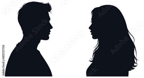 A couple facing each other in profile view a striking black and white silhouette