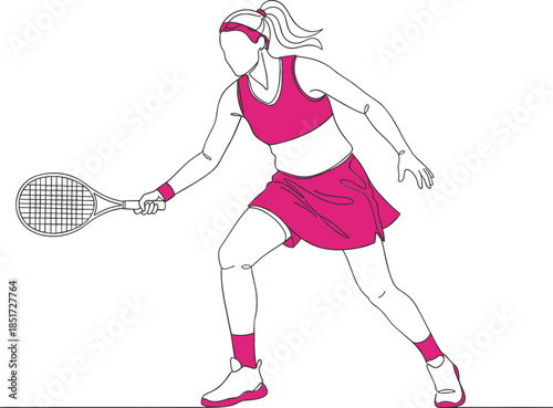 Minimalist continuous one line drawing of female tennis player in pink outfit for modern sports branding.