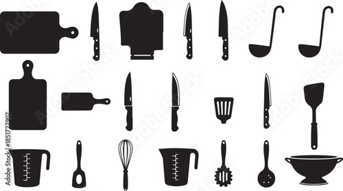 Kitchen utensils and tools for cooking and food preparation