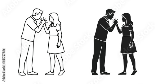 A couple facing each other depicted in both line art and striking silhouette