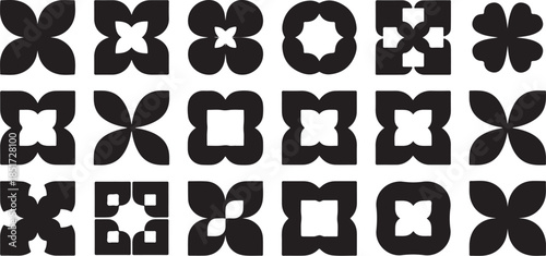 Modern geometric flower shapes in black on white background