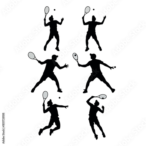 Dynamic silhouettes of tennis players in various action poses.