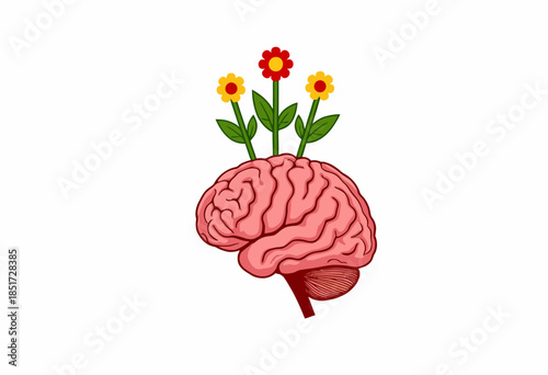 Illustration Depicting the Concept of Cognitive Growth and Creativity through a Brain with Blooming Flowers Emerging from the Top