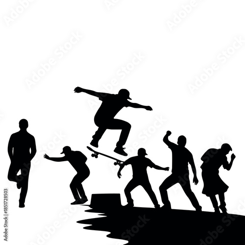 Silhouettes of skateboarders performing tricks and friends watching.