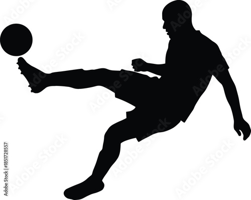 Soccer player performing powerful mid air kick silhouette vector illustration for sports competition branding and athletic club logo.