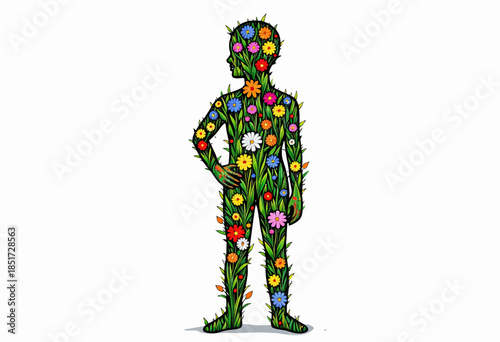 Silhouette of a Human Figure Infused with Vibrant Flowers and Lush Greenery Showcasing Nature's Harmony in a Creative Illustration
