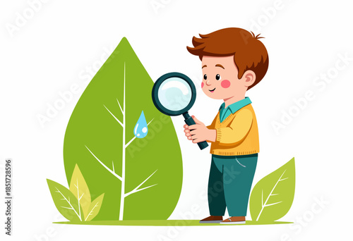 Curious Young Boy Exploring Nature with Magnifying Glass in Green Leafy Environment Illustrating Childhood Fascination and Learning