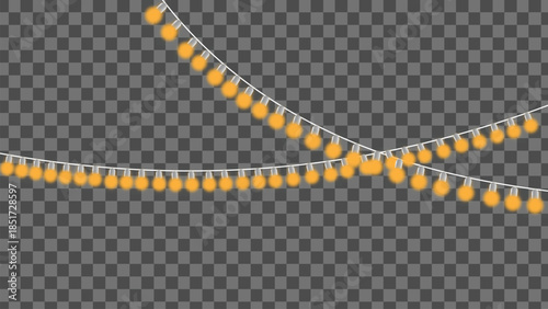 Golden String Lights Hanging on Transparent Background, Festive Glowing Bulb Garlands for Celebration and Holiday Decor