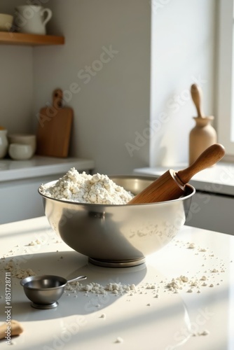 A sunlit kitchen counter displays a stainless steel mixing bowl filled with flour, a wooden rolling pin, and a small metal measuring cup, suggesting a homemade baking preparation.