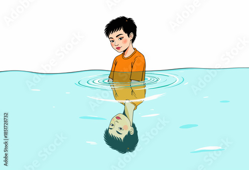Illustration of a boy standing in water with calm reflection, conveying serenity and introspection against a minimalist background