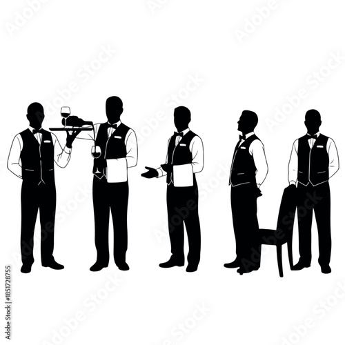 Silhouettes of professional waiters serving and standing in various poses.