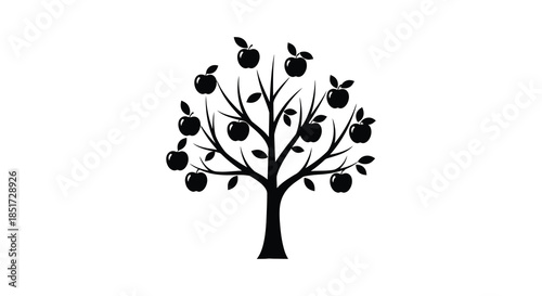 A minimalistic depiction of a fruit tree with dark apples a striking silhouette