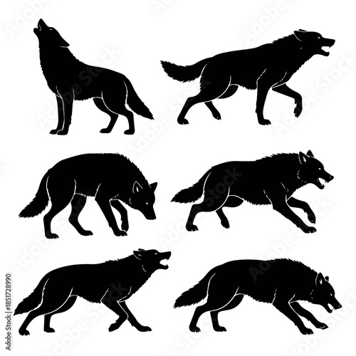 Collection of six black wolf silhouettes in various poses showcasing their wild nature and distinct forms.