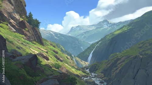 Mountain valley landscape with waterfalls and lush green slopes under cloudy sky