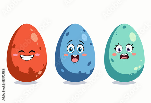 Whimsical Cartoon Eggs with Playful Expressions and Colorful Designs Ignite Smiles and Laughter with Vibrant Blue, Red, and Green Surfaces
