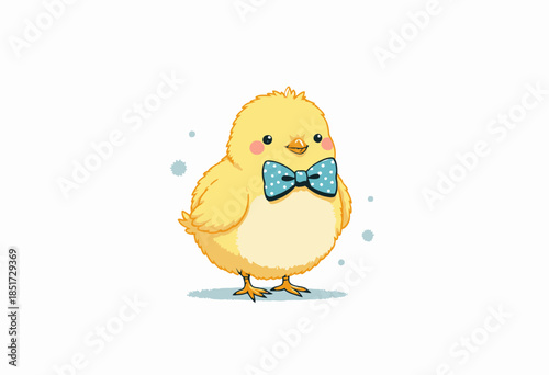 Adorable illustration of a fluffy yellow chick adorned with a cute polka dot bow tie standing cheerfully against a plain white background