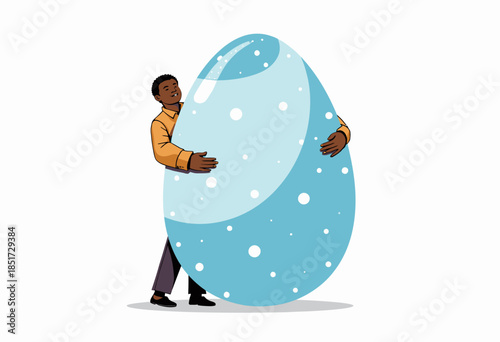 Joyful Man Embracing Enormous Sparkling Blue Egg Covered in White Dots Against a Minimalist Background