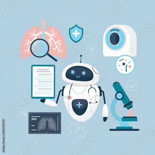 Medical chat bot treats diseases of lungs. AI robot diagnosis respiratory tract. Pulmonology and medicine. Laboratory research. Computed tomography scan of chest. Online medical tools