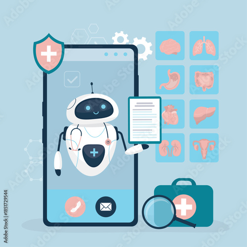Online robot doctor offers to schedule full examination of internal organs. Medical chat bot on phone screen, medical check up, exam. Technologies of telemedicine services