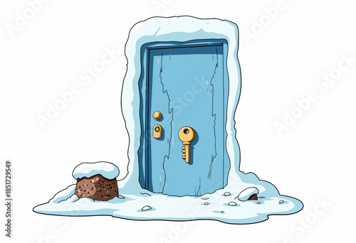 A whimsical illustration of a door enveloped in ice and snow, symbolizing winter's chill, with a golden key hanging, ready to unlock the frosty passageway.