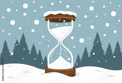 Illustration of a Snow-Covered Hourglass in a Tranquil Winter Forest Landscape with Falling Snowflakes Against a Cool Blue Sky