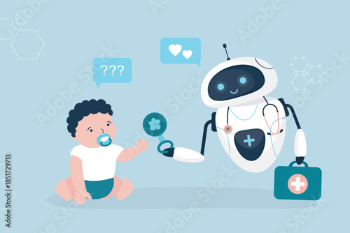 Little child talking medical robot. Chat bot assistant help doing medicine research and treatment. Cyborg doctor with ai support cute baby boy. modern technology