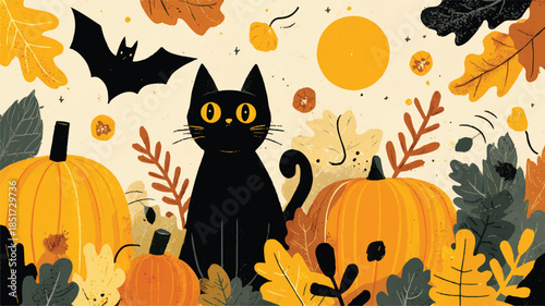 black cat with pumpkins and leaves on autumn day