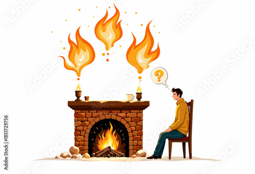 Thoughtful person sitting near a cozy fireplace with blazing flames and pondering multiple choices or ideas represented by floating fire symbols