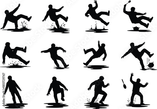 Large Set of People Slipping and Falling Silhouettes, Featuring Wet Surfaces, Spilled Liquids, and Trip Hazards, Vector Icons for Warning Signs, Safety, and Workplace Accident