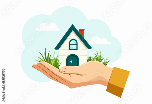 Illustration of a Hand Holding a Small House Surrounded by Lush Greenery Symbolizing Eco-Friendly and Sustainable Living Environments
