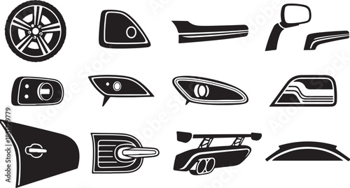 Car parts and accessories in black and white