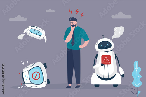 Cyborg with errors and mistakes. Chatbot error service of online support technology. Broken robots, male character thinking about repear. Bots needs repairs,