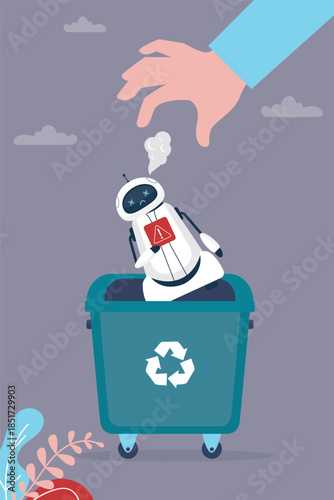 Owner hand throws an old, broken robot into the trash. Broken bot or assistant in trash, recycling electronic waste. The client discards unwanted electronic equipment